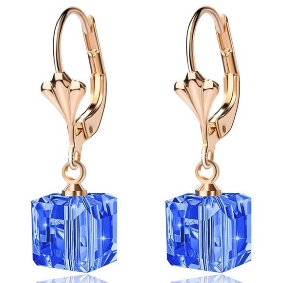 14K Yellow Gold with Blue Sapphire Austrian Crystal Cube Leverback Drop Earrings - Picture 1 of 5